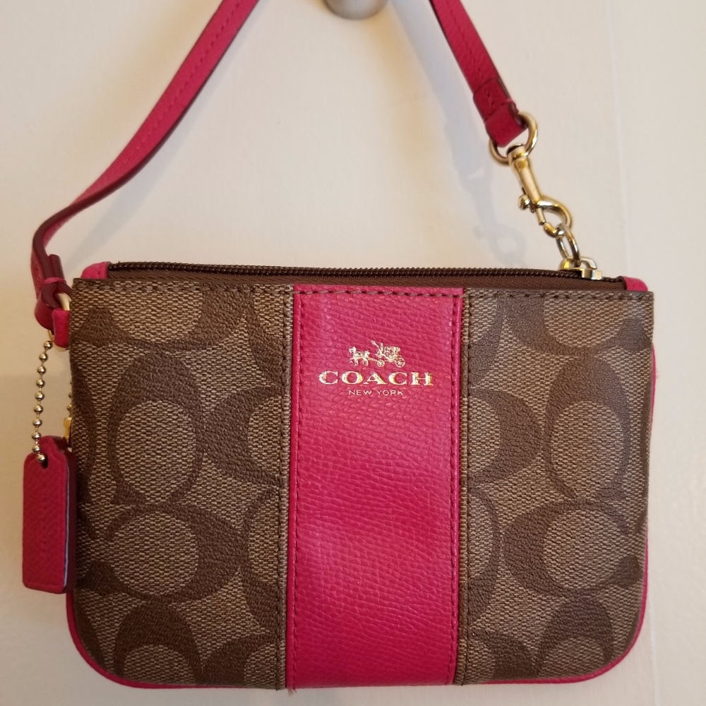Coach Signature brown and pink leather wristlet